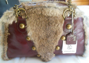 Vintage Glenroyal Chic Large Handbag Stud Maroon Genuine Leather & Casmira Fur