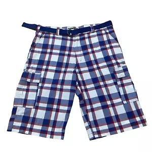 Plaid Galaxy Cargo Shorts Herren 42 Y2k Street HipHop blau kariert & Y2k Stoffgürtel - Bild 1 von 19