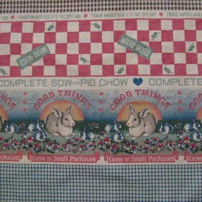 Joan Kessler Concord Vintage Fabric Farm Animals Red Check On Tan Cotton 1 Yard - Image 1 of 4
