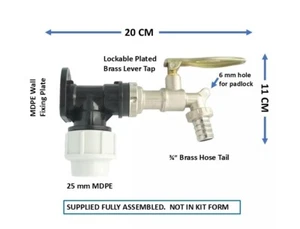 MDPE Compression Wall Plate (25mm) to LOCKABLE Brass Lever Tap. 3/4" hose tail. - Picture 1 of 3