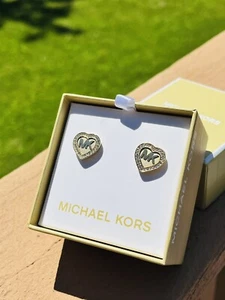 Michael KORS 10mm yellow Gold Steel Pave Logo Valentine Day stud Earrings NWT - Picture 1 of 3