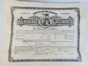County of Los Angeles, California Marriage License March 27, 1908 Original Doc - Picture 1 of 6