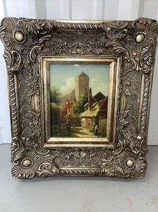 Pintura al óleo vintage posiblemente antigua con marco dorado con panel de madera de pueblo holandés posiblemente antiguo - Imagen 1 de 7