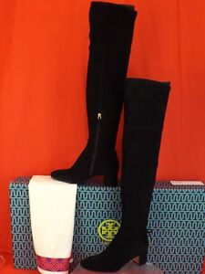 TORY BURCH LAILA 45 BLACK SUEDE BOW GOLD REVA ZIP OVER THE KNEE BOOTS 8.5 $598