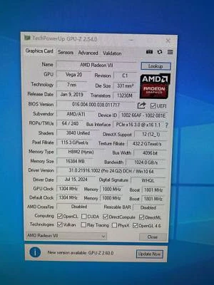AMD Vega20 Radeon VII 16GB HBM2 3840 core 4092 bit Graphics Card TDP 295W - Image 1 of 4