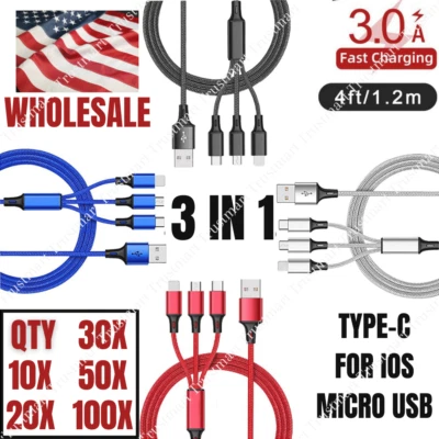 Wholesale Lot 3in1 USB Cable 3A Fast Charging For iPhone Samsung Android Charger - Image 1 of 4