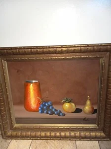 Vintage Birne/Tomate/Trauben/Obst Holz gerahmt Ölgemälde signiert RULA 26"x22" - Bild 1 von 7