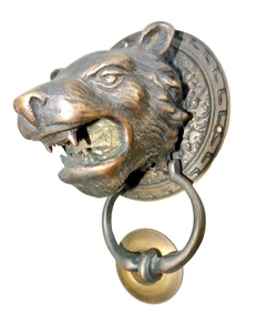 LION TIGER head old heavy front Door Knocker SOLID BRASS vintage antique style - Picture 1 of 9