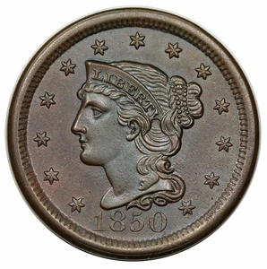 1850 Braided Hair Large Cent, N-21, LDS (c) reverse cuds, Grellman Plate Coin - Picture 1 of 3