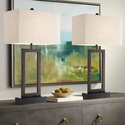 Todd Modern Table Lamps 30" Tall Set of 2 Bronze Metal USB and Outlet Bedroom - Image 1 of 4