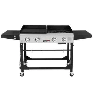 4-Burner Propane Grill/Griddle Combo with Side Tables, Black Finish - Picture 1 of 7