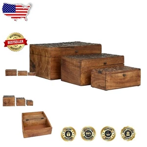 Elegant Brown Mango Wood Keepsake Boxes - Rustic Floral Design, Set of 3 - Picture 1 of 10
