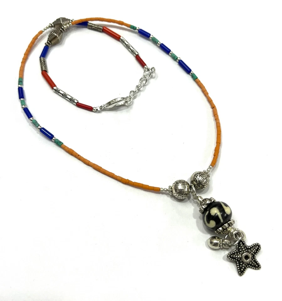 Dzi, Coral Piedras Preciosas Tibetano 925 Plata de Ley Collar Joyería 18" Adjus Foto 1 de 4