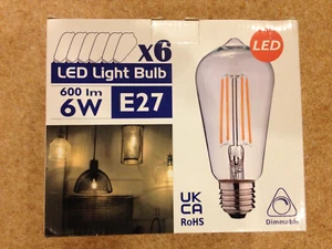 6x DGO L.E.D Filament Edison E27 L-Screw 6W dimmable Light Bulb 600L warm white - Picture 1 of 12