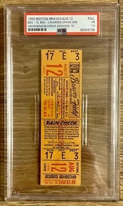 JACKIE ROBINSON & DODGERS 7 ERRORS FULL TICKET 8/12/1950 WARREN SPAHN WIN#80 PSA - Picture 1 of 21