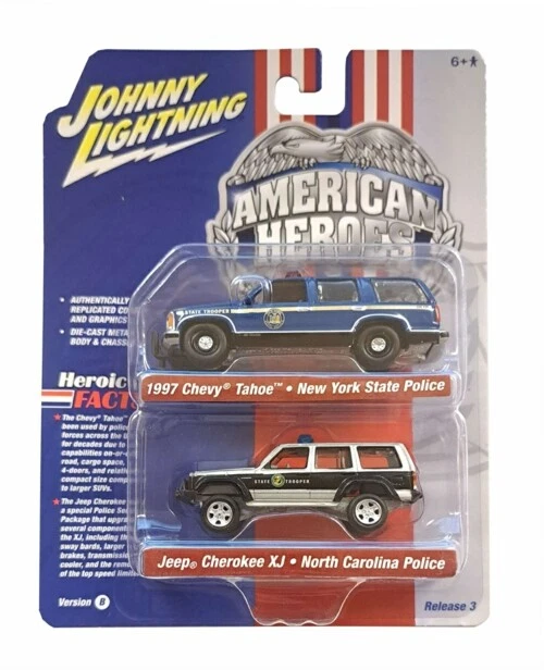 JOHNNY LIGHTNING 1/64 BLUE 97 CHEVY TAHOE/SILVER JEEP CHEROKEE JLPK019 - Image 1 of 1