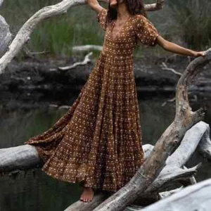 Daughters Of India Chaaya Dress Size Medium Midi Chai Boho Flowy Cotton - Picture 1 of 9