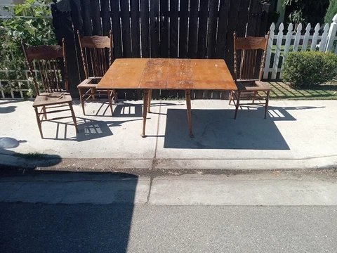 Vintage Drop Leaf Burlwood Game Side Table with 3 Pressed Back Chairs Cover