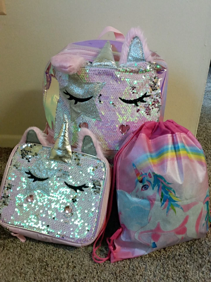 Girls 17" Laptop Backpack with Lunch Bag 2-Piece Set Pink Multi-Color Unicorn