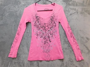 Camicia Mudd donna rosa piccola manica lunga scollo a V grafica top termico casual - Foto 1 di 16