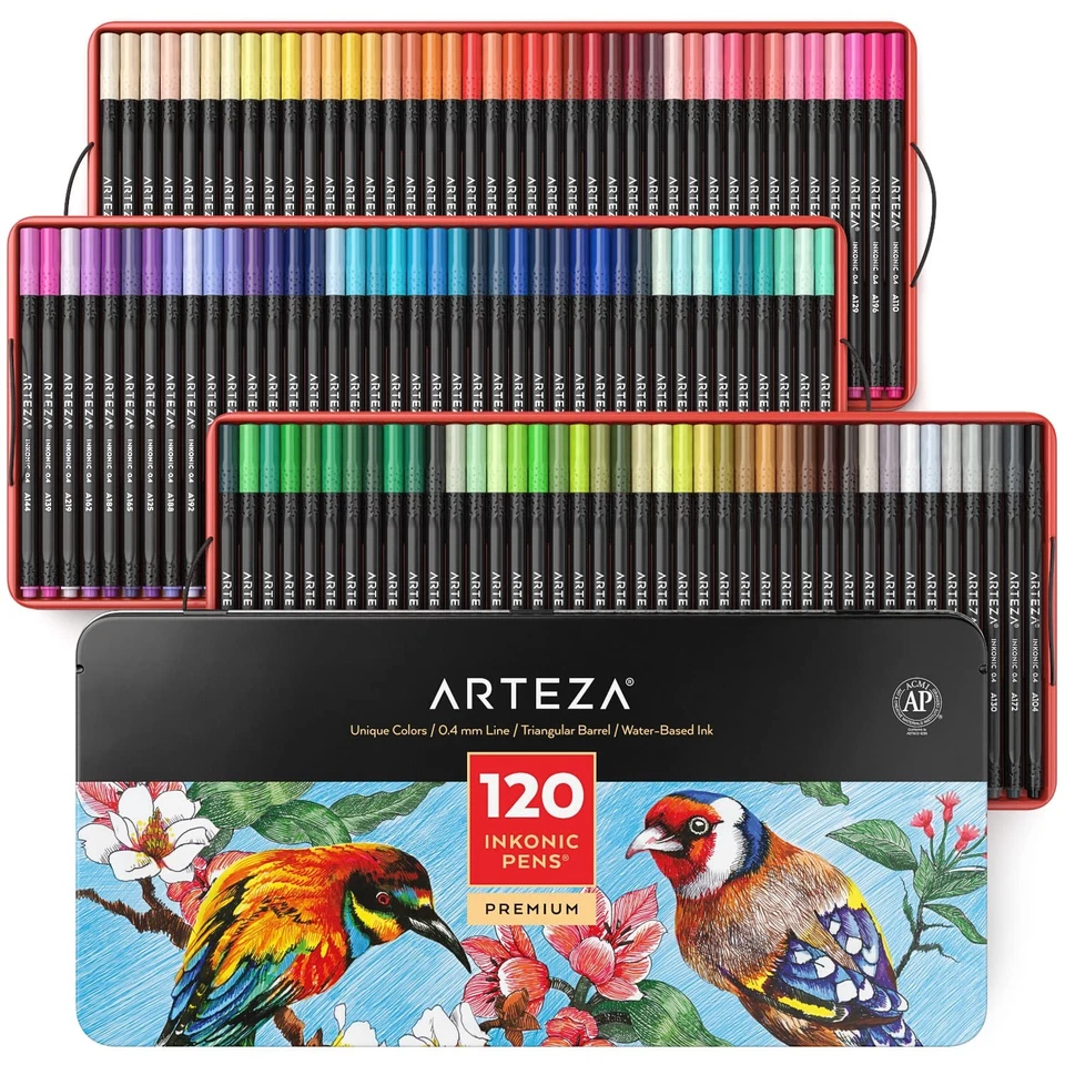 Arteza Fineliner Inkonic Pens Set of 120 Fine Tip Markers With Color 0.4mm