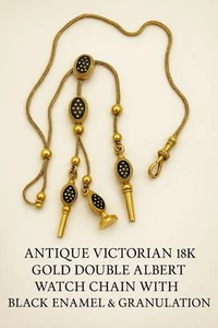 Antique Victorian 18K Gold Double Albert Chain, Black Enamel, Fob & Watch Key - Picture 1 of 10