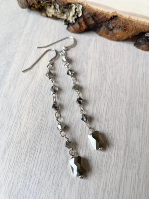 Handmade Hematite Earrings Long Dangly Sparkly Womens Fashion Accessory Gift - Image 1 of 4