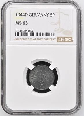 Germany 1944 D 5 Reichspfennig, KM#100, NGC MS63 Top Pop (#4) - Image 1 of 2