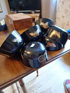 6 Japanese Lacquered Butterfly Rice Bowls - Picture 1 of 7