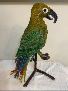 Hand Crafted Beaded Wired Parrot Bird On Perch - Picture 1 of 9