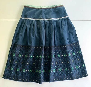 Anthropologie Skirt 2 SNAK Navy Blue Embroidered Flowers Ribbon Pleats Zip EXC - Picture 1 of 7