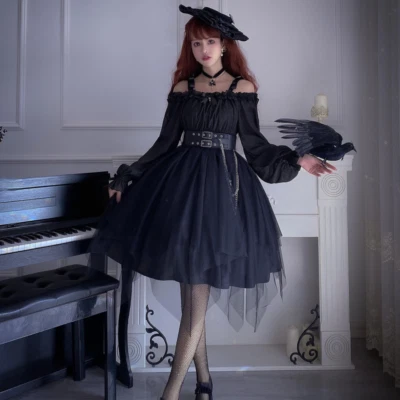 Bouffée Dame Manche Lolita Robe à Volants Maille Steampunk Gothique Cosplay - Photo 1/4