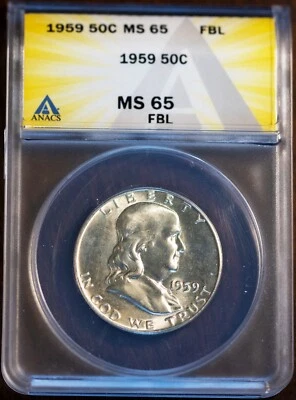 1959 50c Silver Franklin Half-dollar MS 65 FBL New ANACS # 7472076 + Bonus - Image 1 of 2