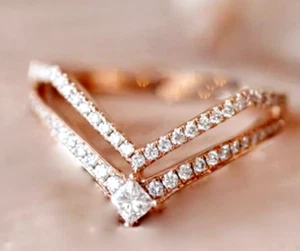 Vintage Moissanite Princess Wedding Band, Rose Gold V Shape Double Chevron Ring - Picture 1 of 10