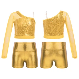 Girls Outfit Mesh Clothes Set Sequins Costume Kids Crop Top 2pcs With Shorts - Picture 1 of 38