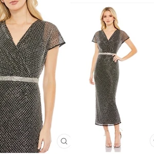 Mac Duggal Gr. 8 schwarz perlenvoll Midi Cocktailkleid flatternde Ärmelhülle $ 598 neu mit Etikett - Bild 1 von 12