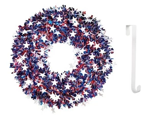 Patriotic Red White and Blue Stars and Tinsel 18 Inch Wreath w/Metal Hanger - Picture 1 of 3