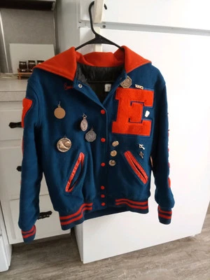 2017 Varsity Jacket W/ patches, medals, & Embroidery Back Graphic Sz medium . - Image 1 of 4