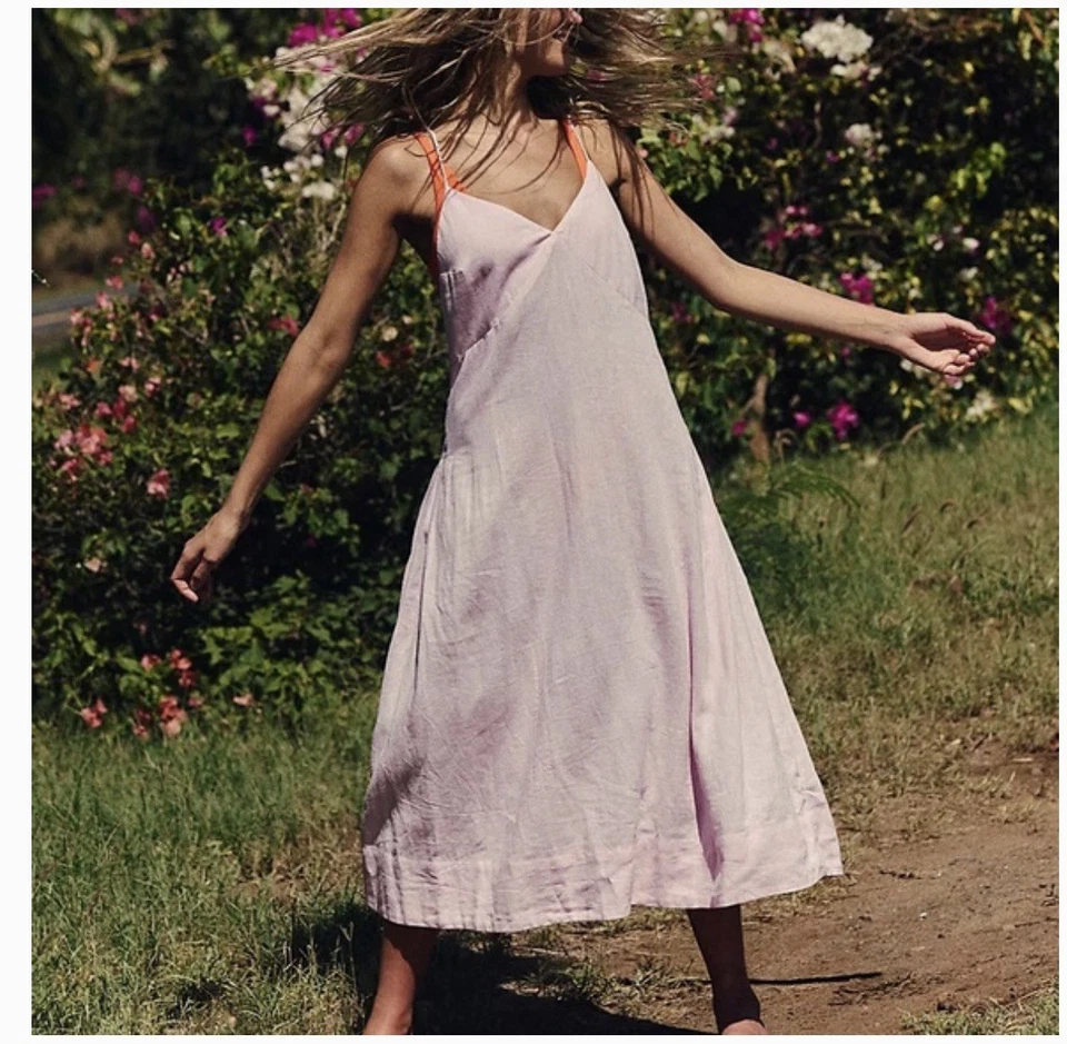Vestido Free People Inma Cutouts Sweetheart espalda abierta midi mezcla de lino talla XL rosa Foto 1 de 4
