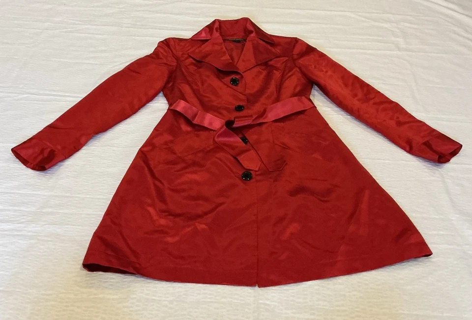 Gabardina Anne Klein 100 % seda roja pequeña oficina sala de juntas día a noche usada en excelente estado Foto 1 de 4