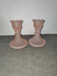 Vintage Pink Satin Depression Glass Short Candlestick Holders Set - Picture 1 of 11
