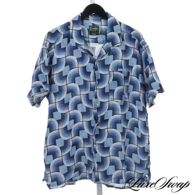 Gitman Bros. Vintage Made in USA 100% Linen Gradient Blue Retro Swirls Shirt XL - Image 1 of 4