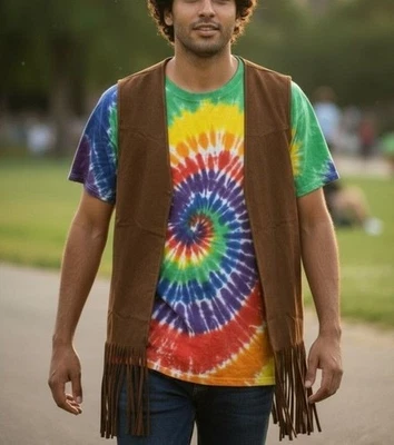 Mens 5-Piece Hippie Costume Set 2X Including Tie-Dye Shirt Vest Headband Afro Wi - Image 1 of 4