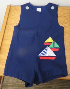 Vntg Toddler Boys One Piece Romper Playsuit Sleeveless 24 Months Navy Sailboats - Picture 1 of 5