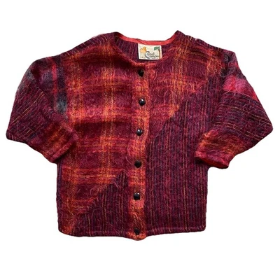 Vintage 60s Mohair Wool Cardigan Red Plaid Camel Designs Sue Humphreys Sweater - Image 1 of 4