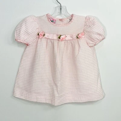 Primrose Pink Dress Sz 24mo Baby Pink Waffle Textured Satin Roses Vintage - Image 1 of 4