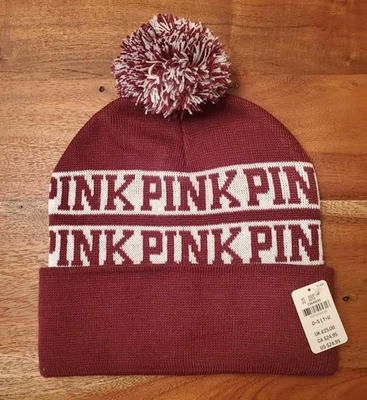 Victoria's Secret 粉色豆豆帽针织冬季 Pom Pom 栗色全新带标签 — 第 1/3 张图片