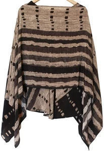 URU 100% Silk Black Brown Print SHAWL PONCHO & TOP 2 Piece SET Sz O/S XL - Picture 1 of 5