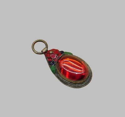 Colgante Vintage Tono Plata Gema Roja Esmalte Floral Joyería Única Coleccionable Foto 1 de 4