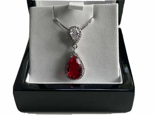 White gold finish red ruby created diamond Pear Cut Pendant necklace - Picture 1 of 5